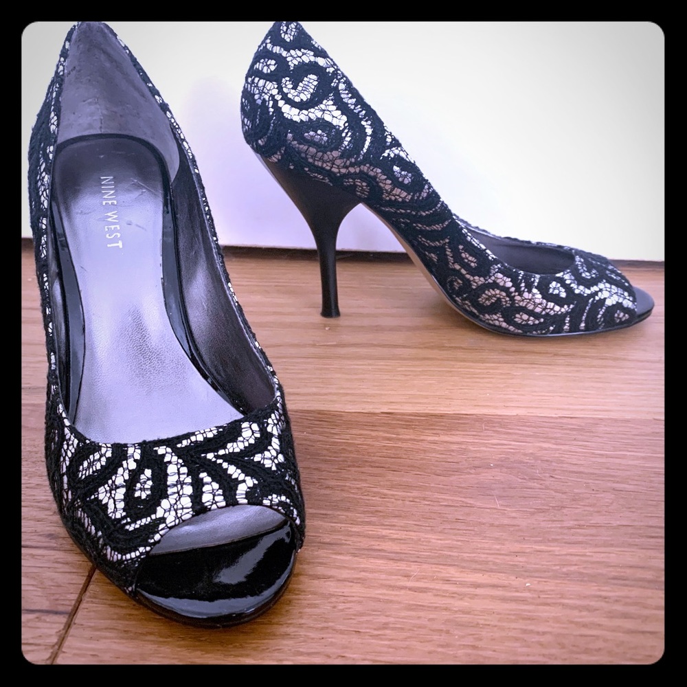 Silver & Black Lace Peep Toe Heels